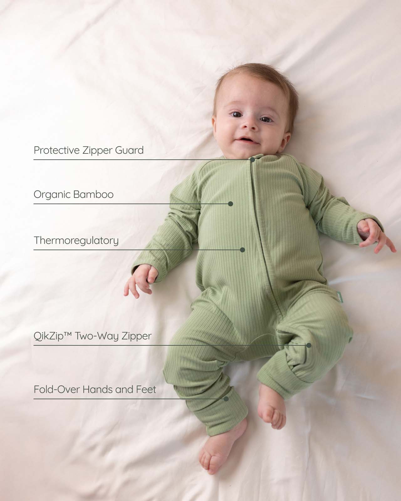 BABYGO® Sage Ribbed Zip Sleepsuit - Image 2